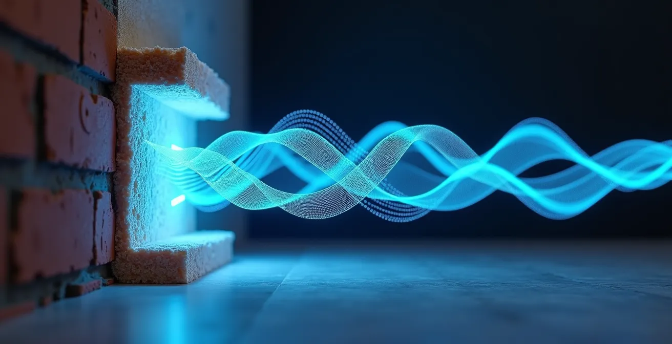 Technische doorsnede van een akoestische voorzetwand met zichtbare lagen die geluidsdemping symboliseren.