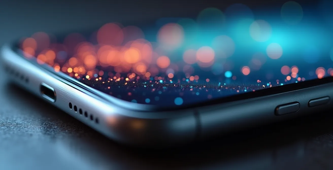 Macro-opname van smartphone met AR-ervaring en zichtbare laadsnelheid-indicatoren