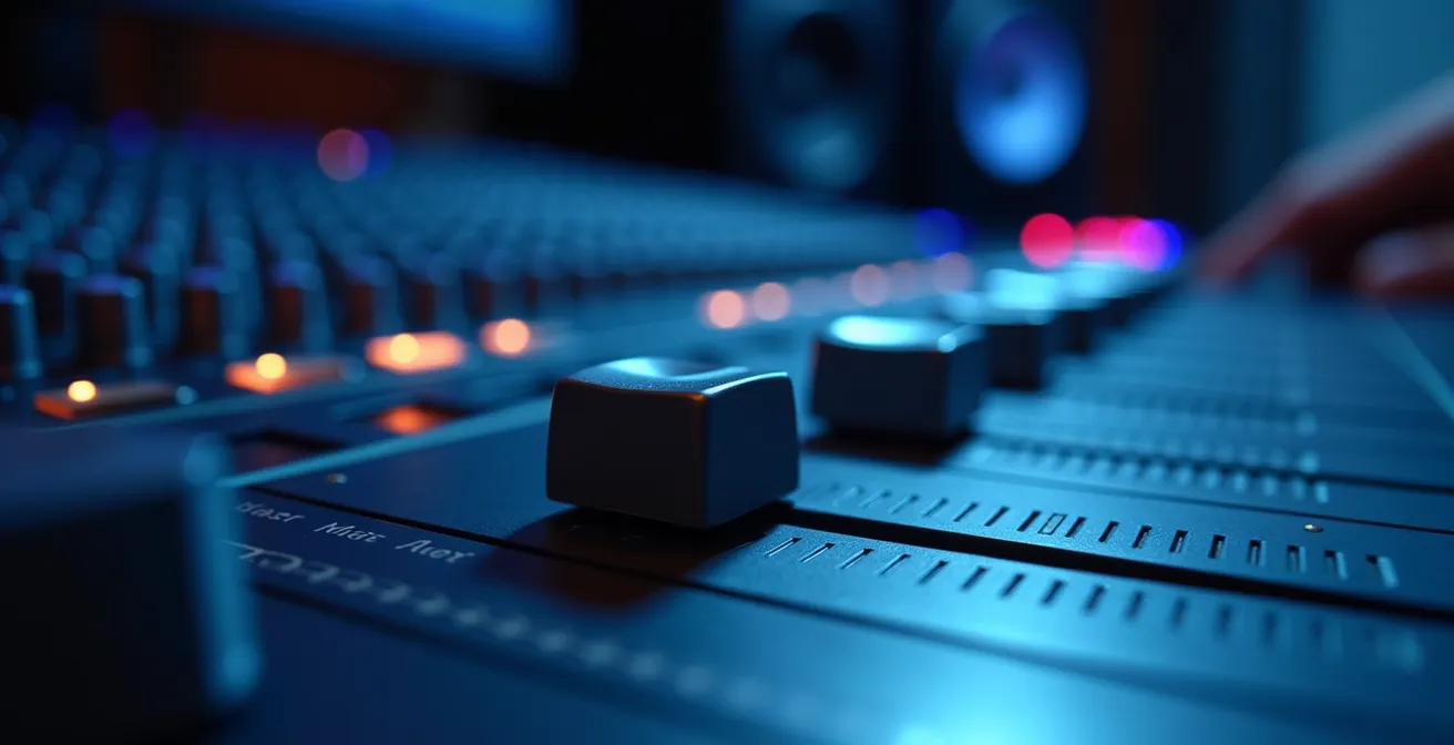 Close-up van professionele audio apparatuur in een Belgische game audio studio