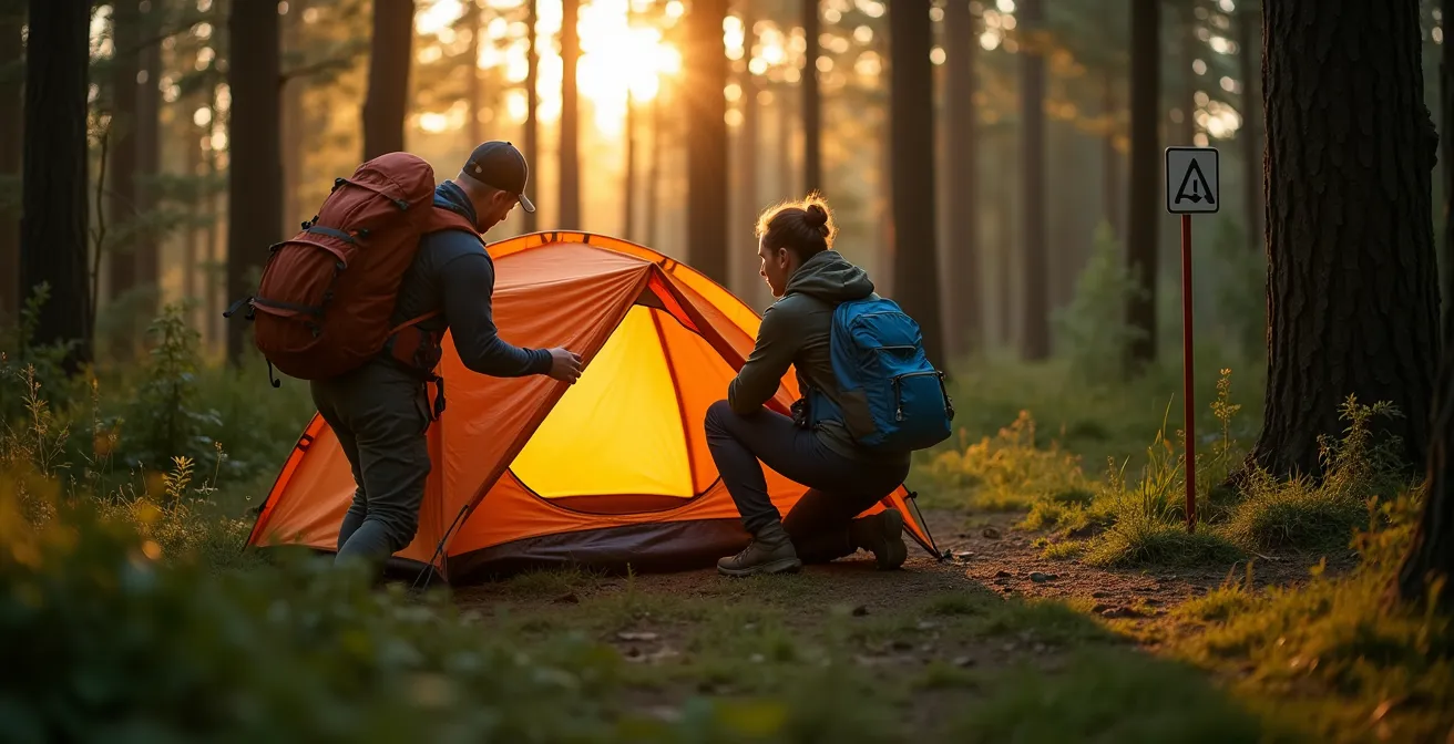 Legale bivakzone in de Waalse Ardennen met wandelaars die hun tent opzetten