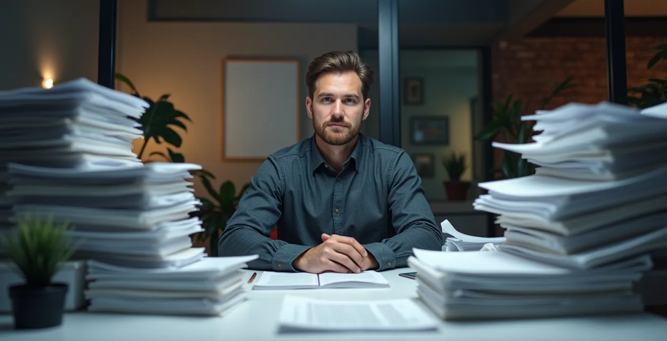 Professional aan bureau met gestapelde taken en lege expressie in modern kantoor