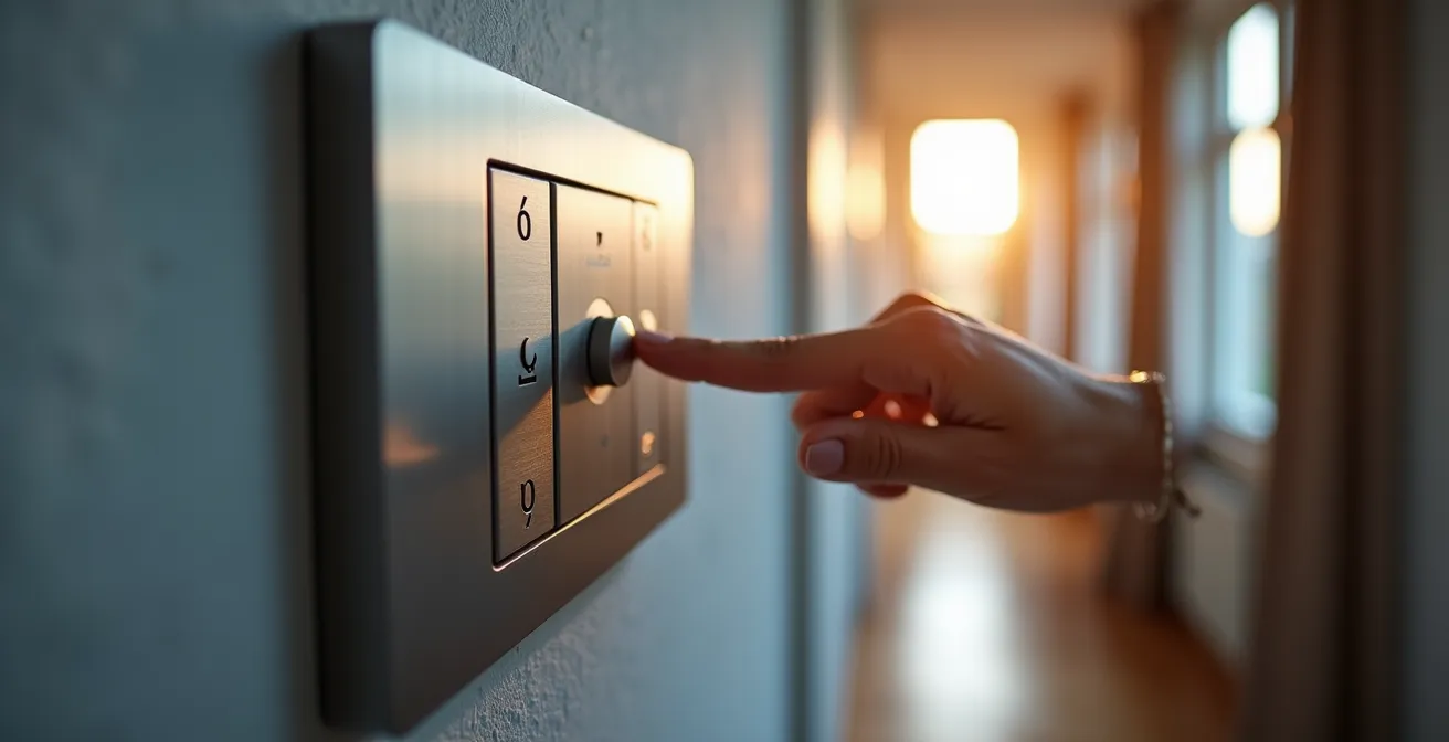 Close-up van een elegante KNX wandschakelaar met tactiele knoppen in een Belgisch interieur