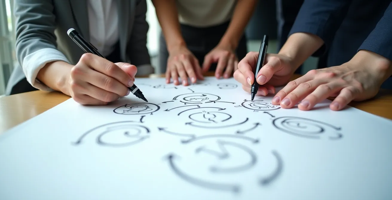 Close-up van handen die samen een circulair stroomdiagram tekenen tijdens leveranciersoverleg