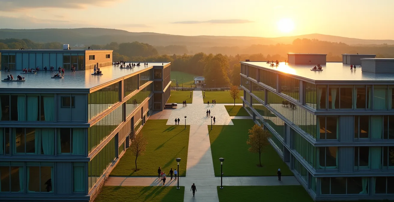 Panoramisch zicht op Corda Campus met moderne architectuur en groene omgeving