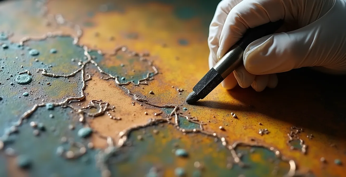 Close-up van gerestaureerd schilderij met digitale analysetools