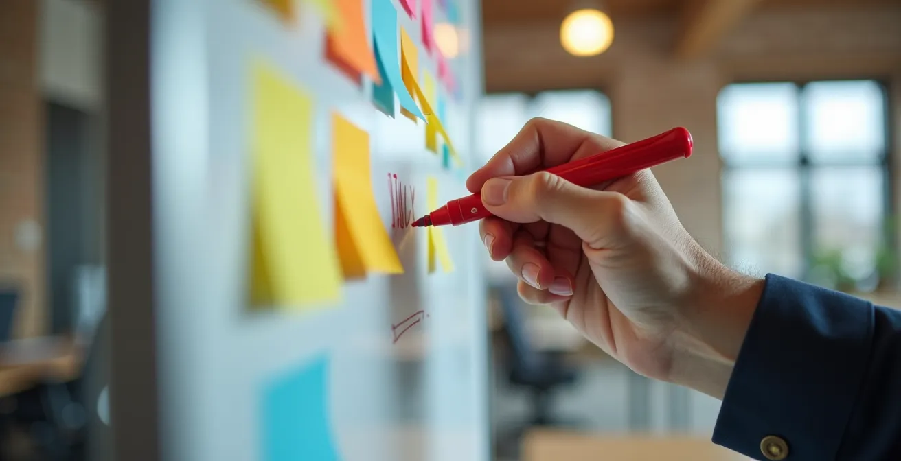 Close-up van ontwikkelaarshanden die features van een whiteboard verwijderen