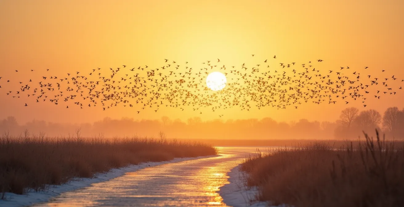 Massale vlucht ganzen boven winterse polderlandschap met rietkragen bij zonsondergang