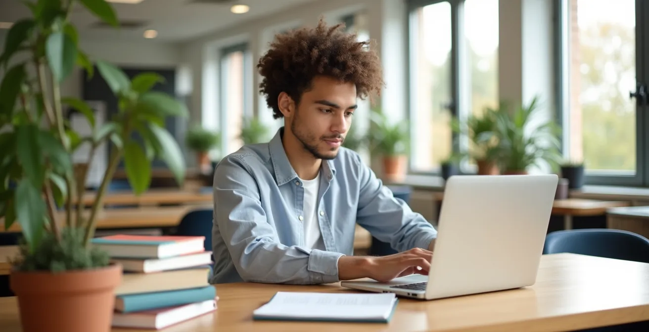Jong professional met laptop en boeken in moderne leeromgeving met planten