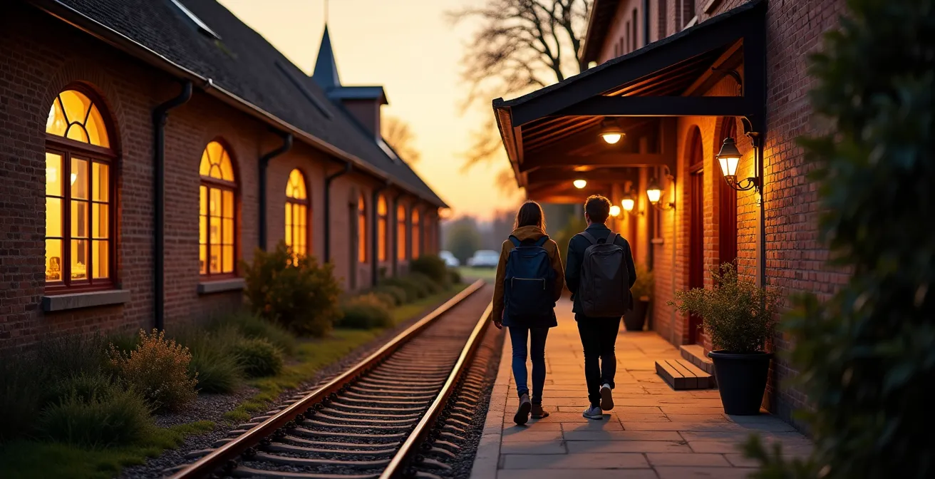 Sfeervol avondlicht op een gerestaureerd oud stationsgebouw met warme verlichting achter de ramen