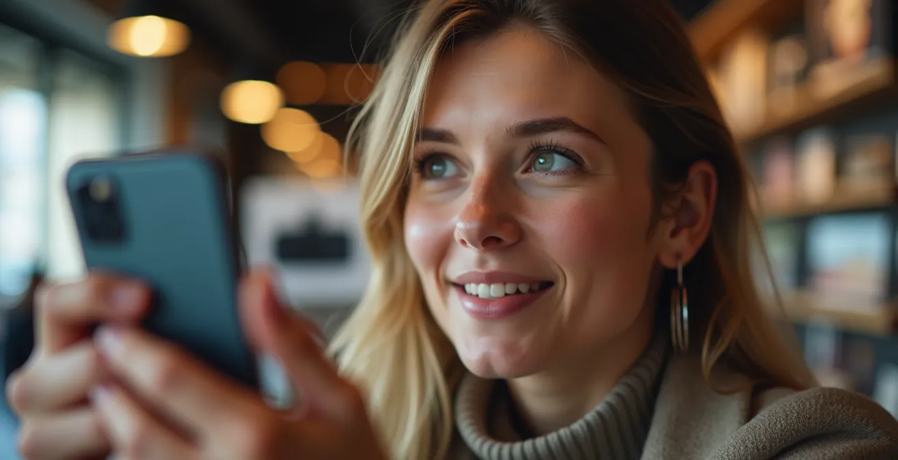 Persoon gebruikt smartphone AR in een winkelomgeving met een VR-headset op de achtergrond