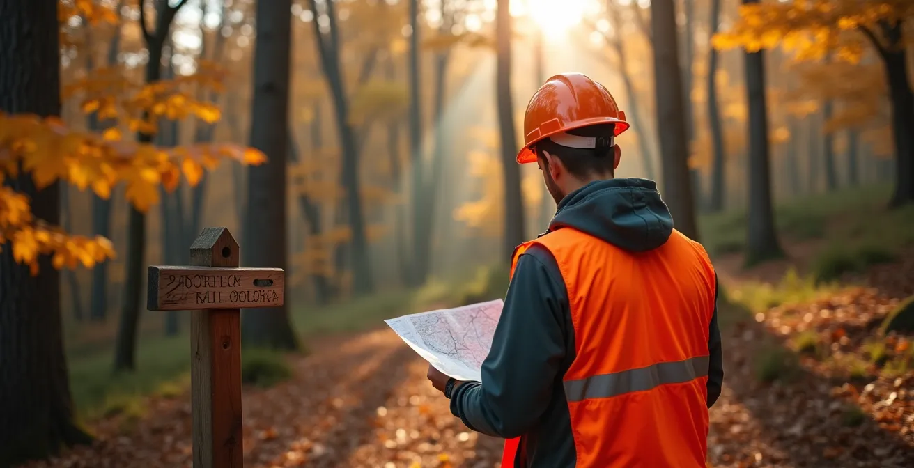 Wandelaar in fel oranje vest bij jachtwaarschuwingsbord in het Ardense bos