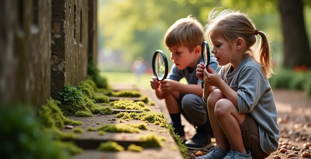 Kinderen onderzoeken met vergrootglas details van oorlogsmonument in natuurlijke omgeving