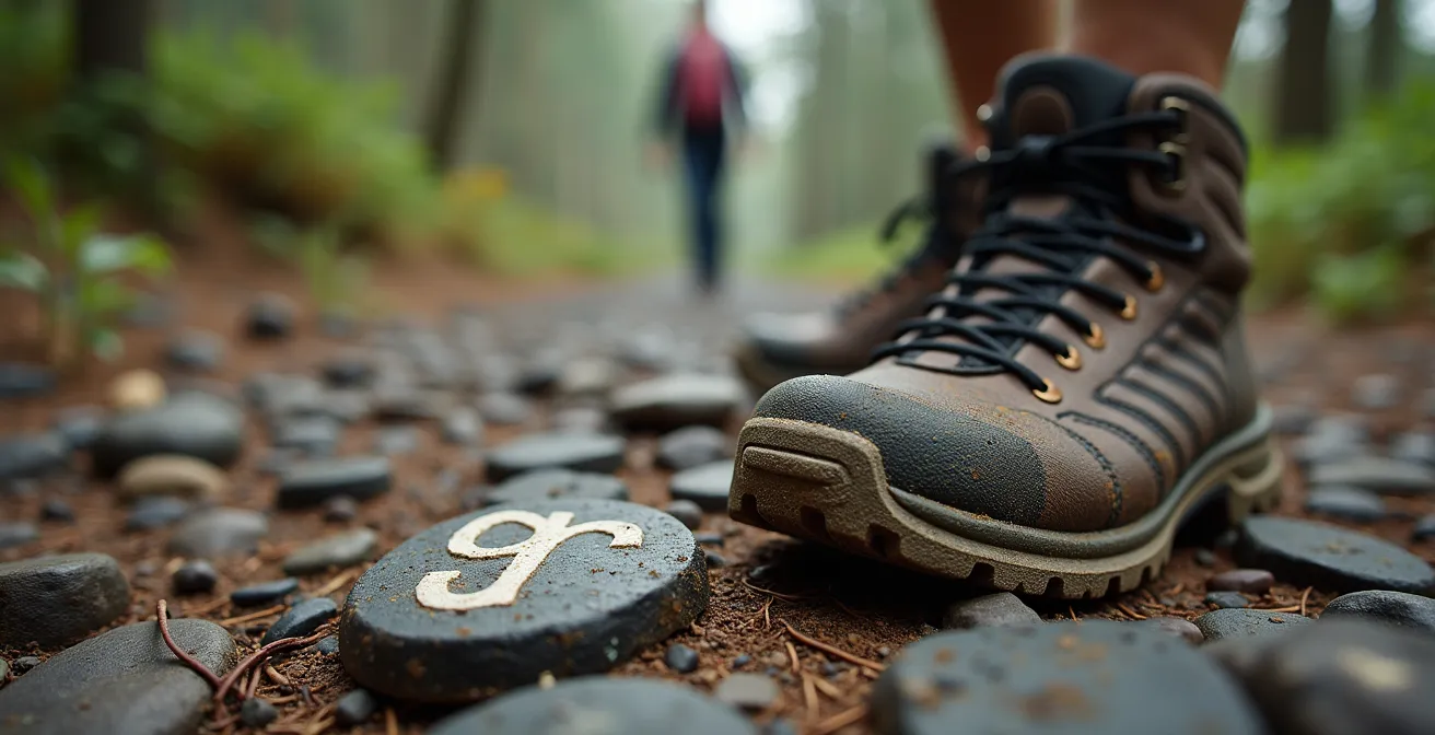 Wandelaar met grote rugzak op GR-pad door de Ardense heuvels