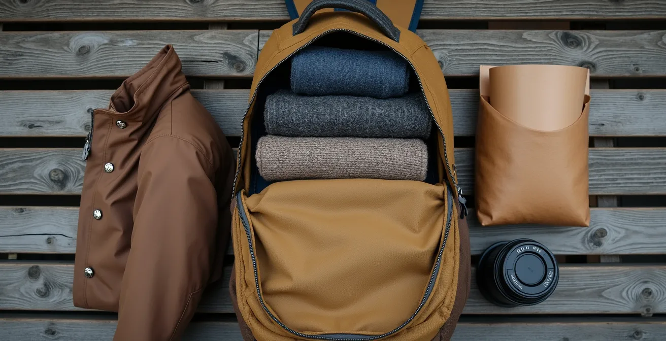 Bovenaanzicht van een geopende rugzak met netjes georganiseerde reiskleding en een herbruikbare koffiebeker