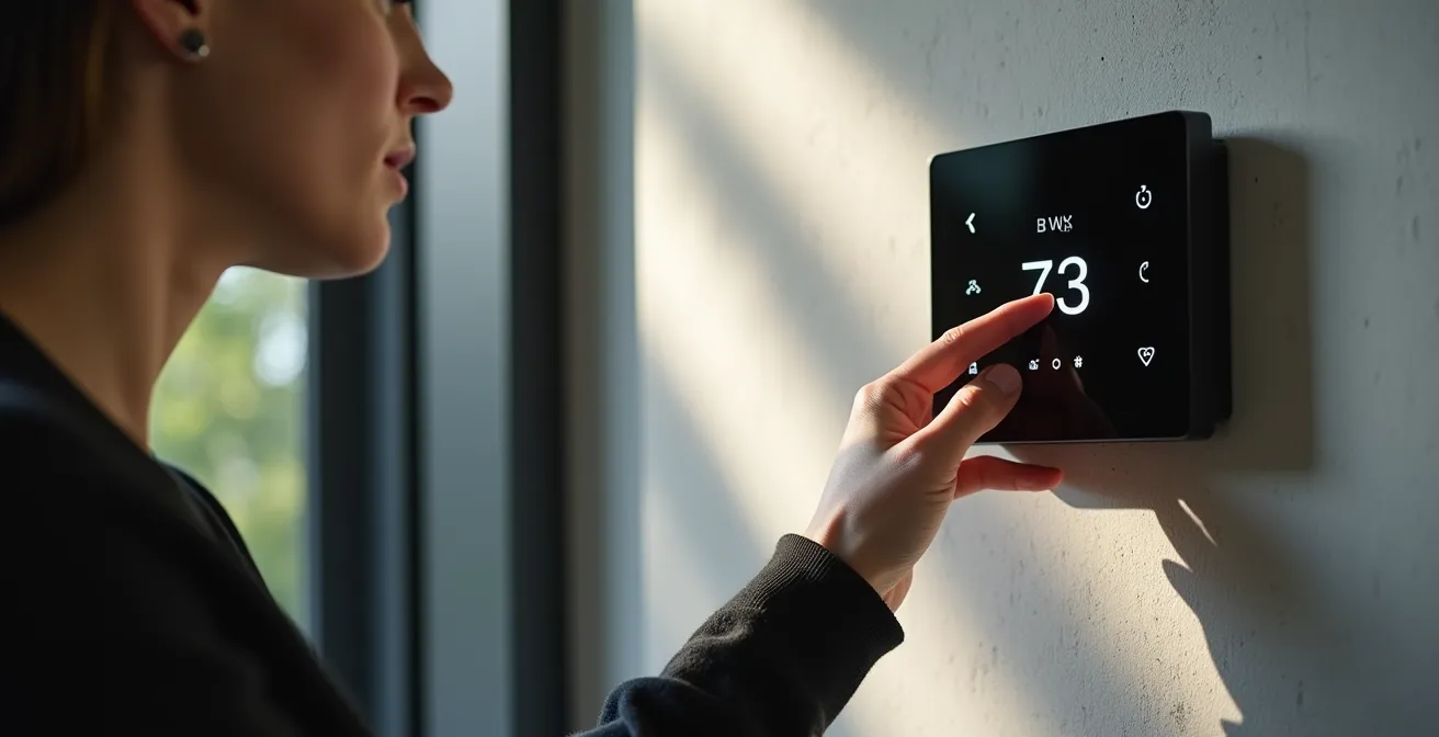 Strakke zwarte thermostaat gemonteerd op moderne muur met zwart schakelmateriaal