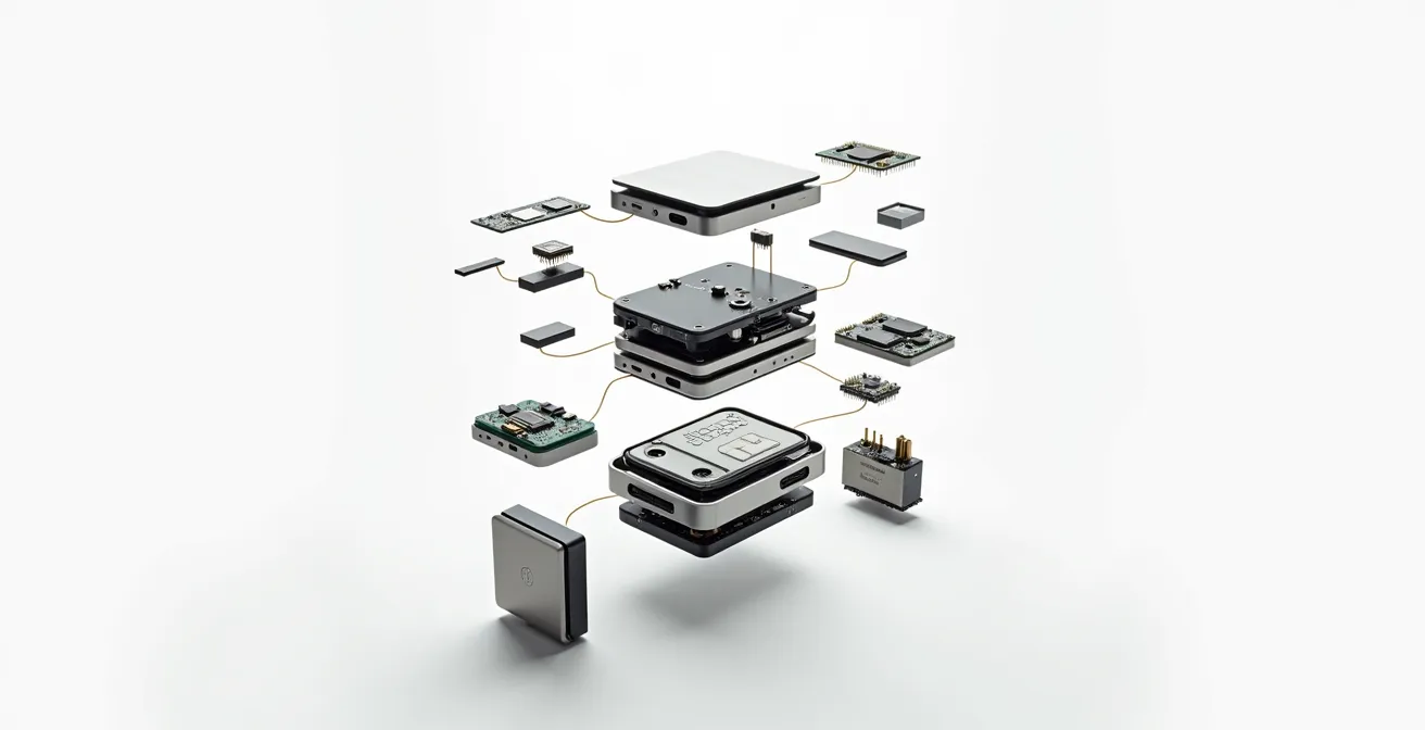 Geëxplodeerd aanzicht van modulair consumentenproduct met herbruikbare componenten