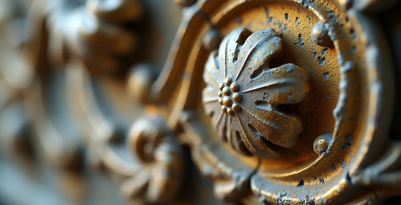 Macro-opname van beschadigde historische ornamenten in Belgisch monument