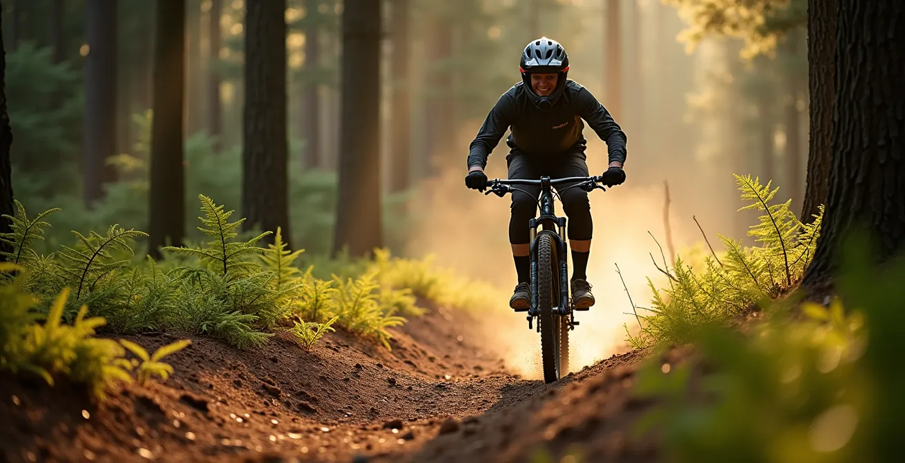 Mountainbiker rijdt over vloeiend bospad tussen dennenbomen