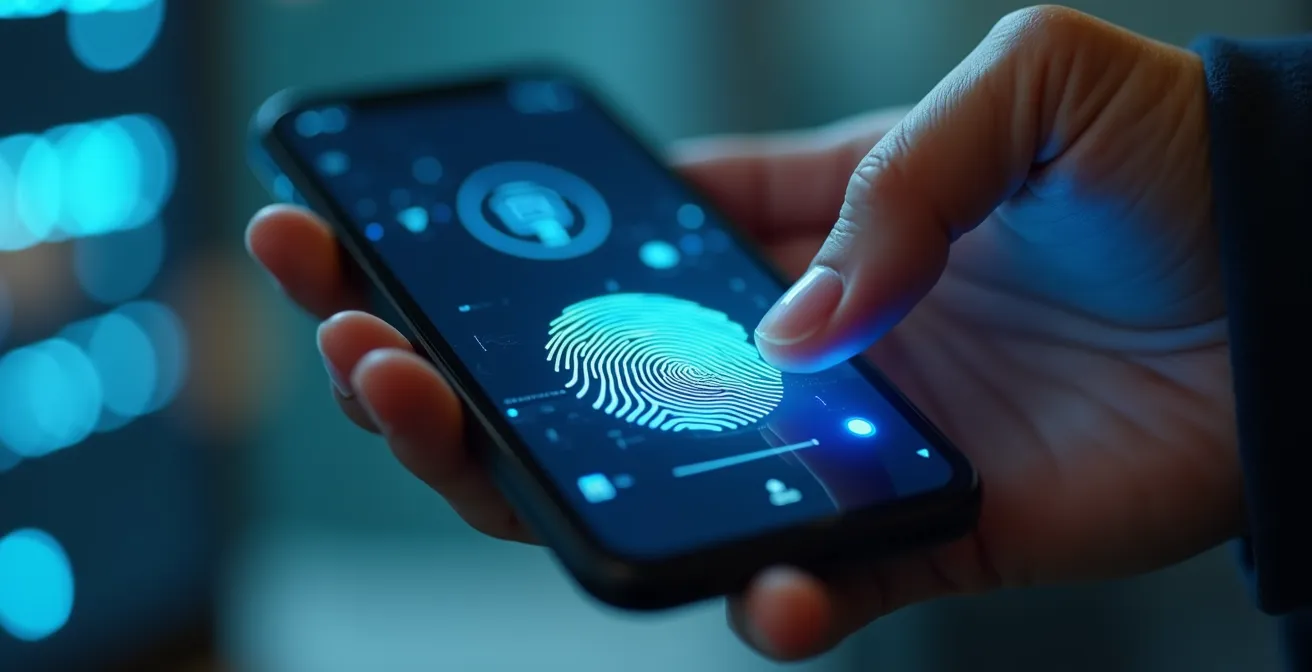 Close-up van professionele hand met smartphone toont authenticatie proces met vingerafdruk scanner