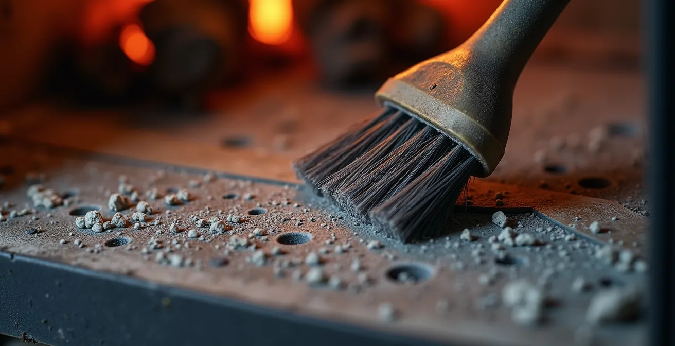 Macro-opname van een schoon branderpotje van een pelletkachel tijdens onderhoud