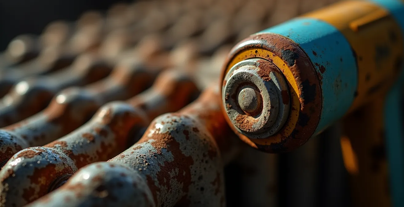 Close-up van oude gietijzeren radiator met moderne temperatuurmeting