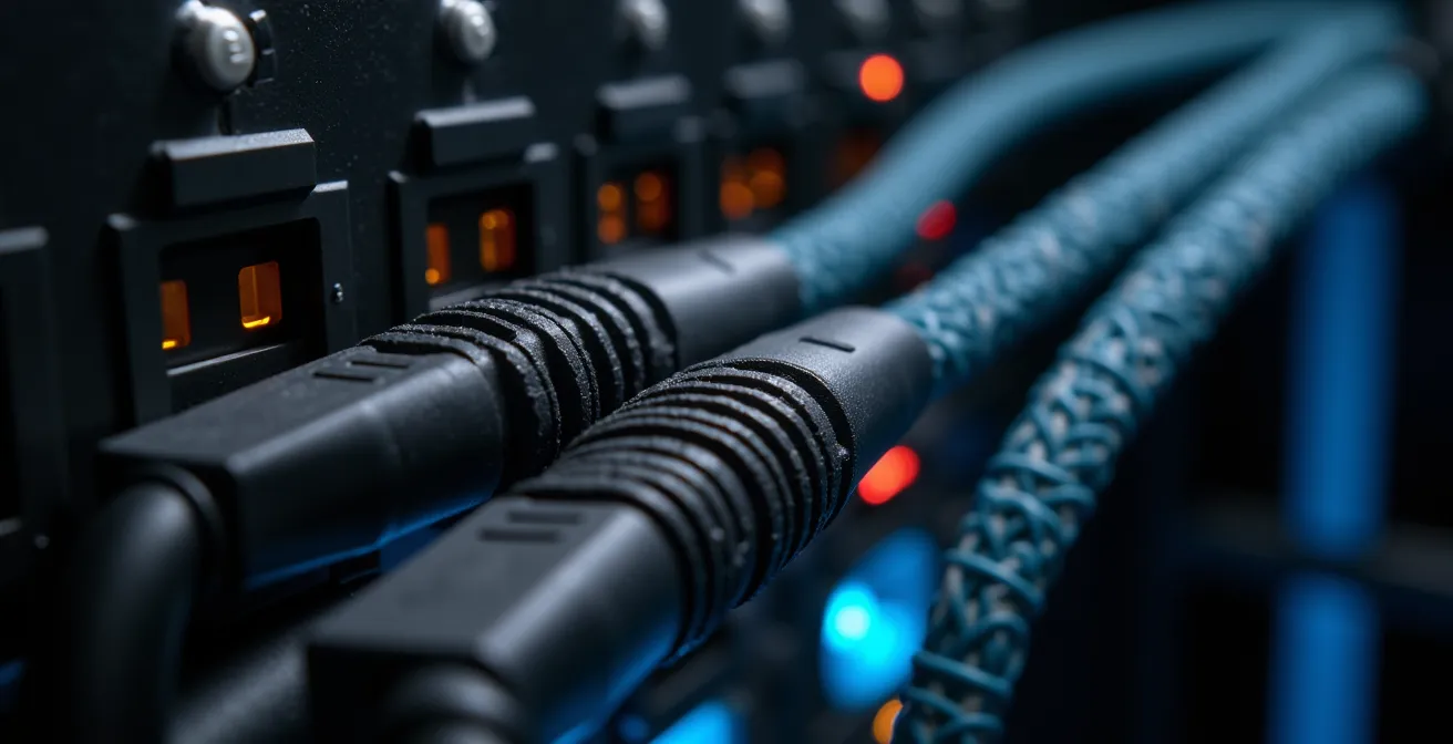 UPS noodstroomsysteem geïnstalleerd onder gaming bureau met kabelmanagement