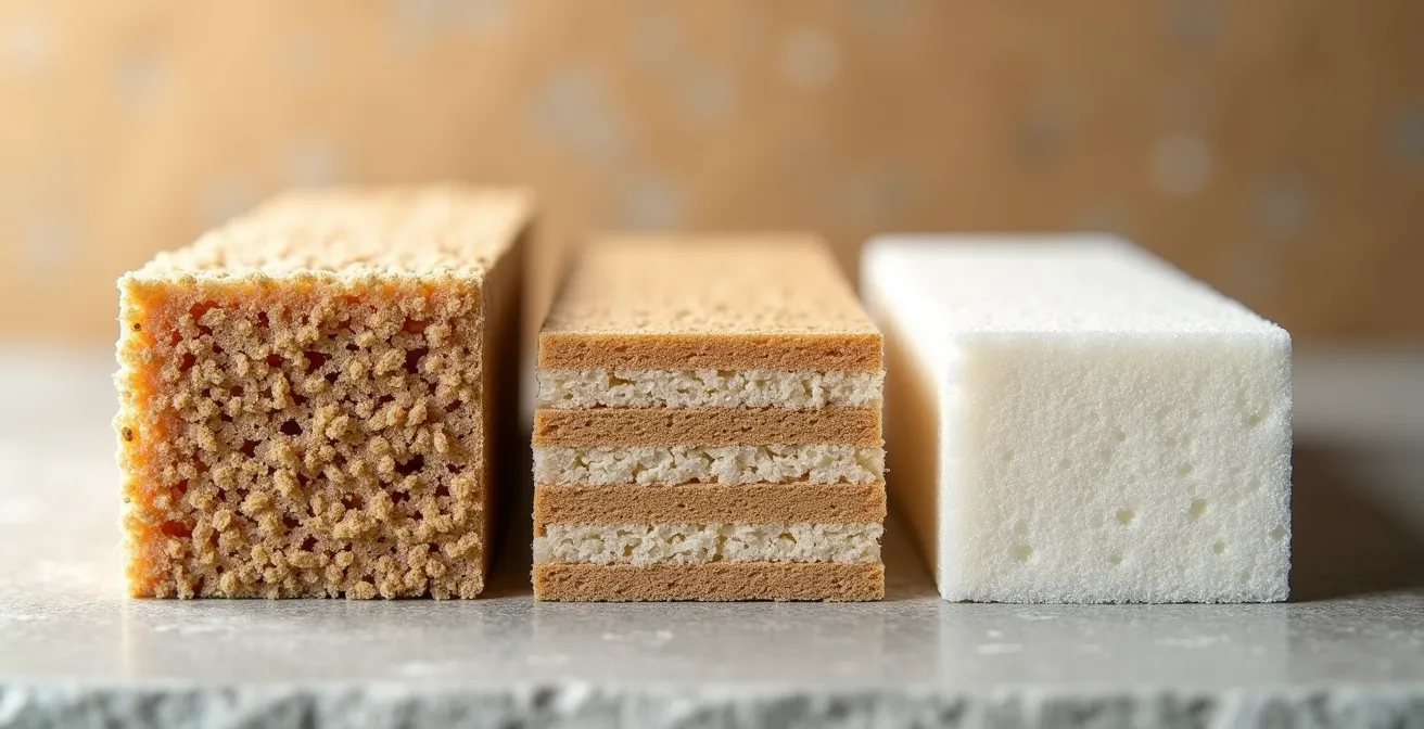 Detailopname van verschillende isolatiematerialen naast elkaar: vezelige kalkhennep, houtvezel en de gesloten celstructuur van PIR-schuim.