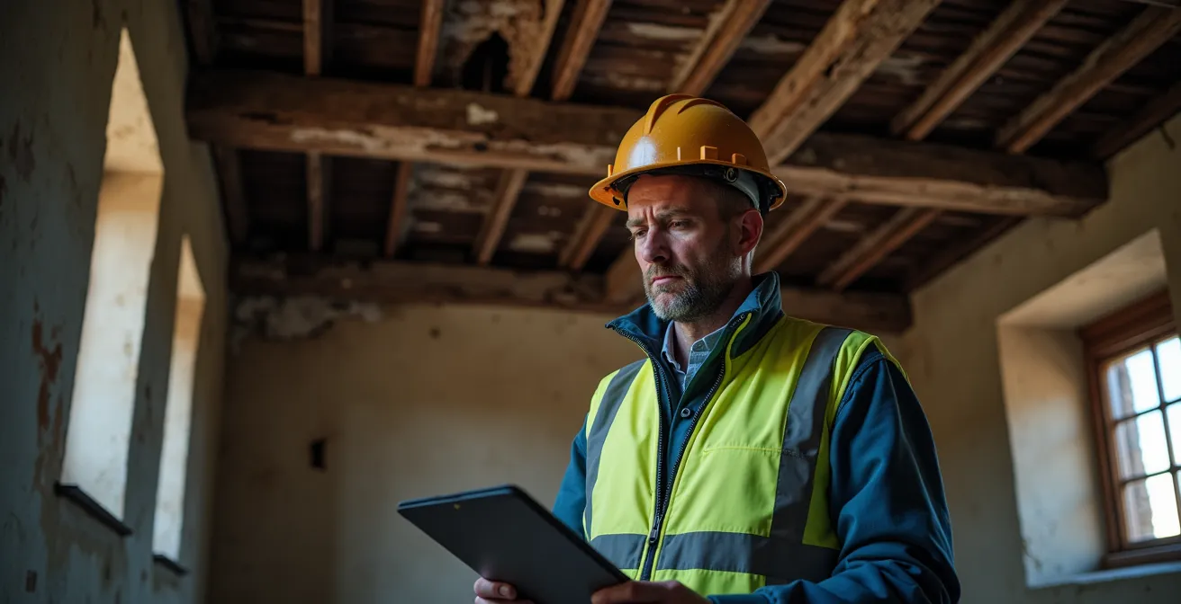 Verwaarloosde dakstructuur van Belgisch monument met zichtbare schade