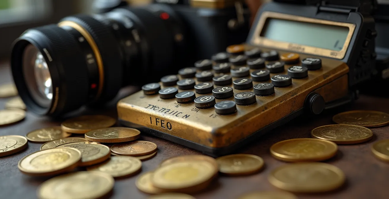 Macro-opname van rekenmachine en camera-apparatuur voor prijsberekening