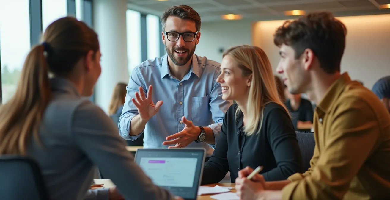 Studenten en professionals werken samen in een moderne onderwijsomgeving