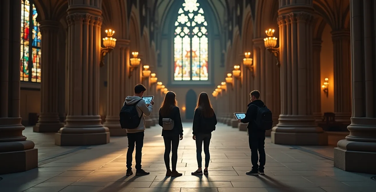 Leerlingen met AR-tablets ontdekken details van het Lam Gods in de Sint-Baafskathedraal