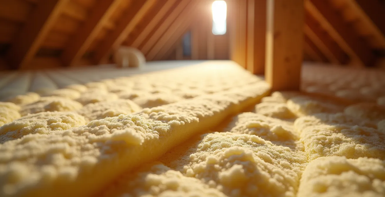 Close-up van isolatie-installatie op zoldervloer met glaswol