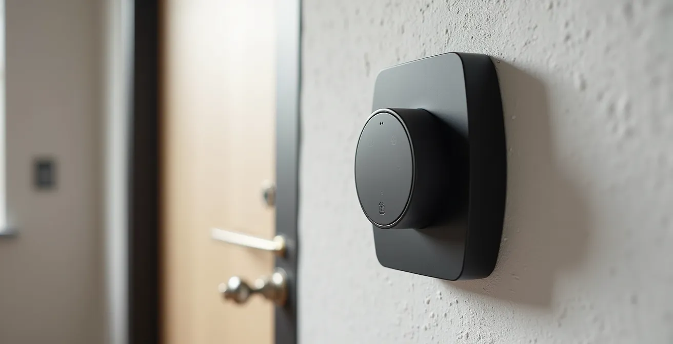 Close-up van een matte zwarte slimme thermostaat tegen een witte muur met zwart deurbeslag