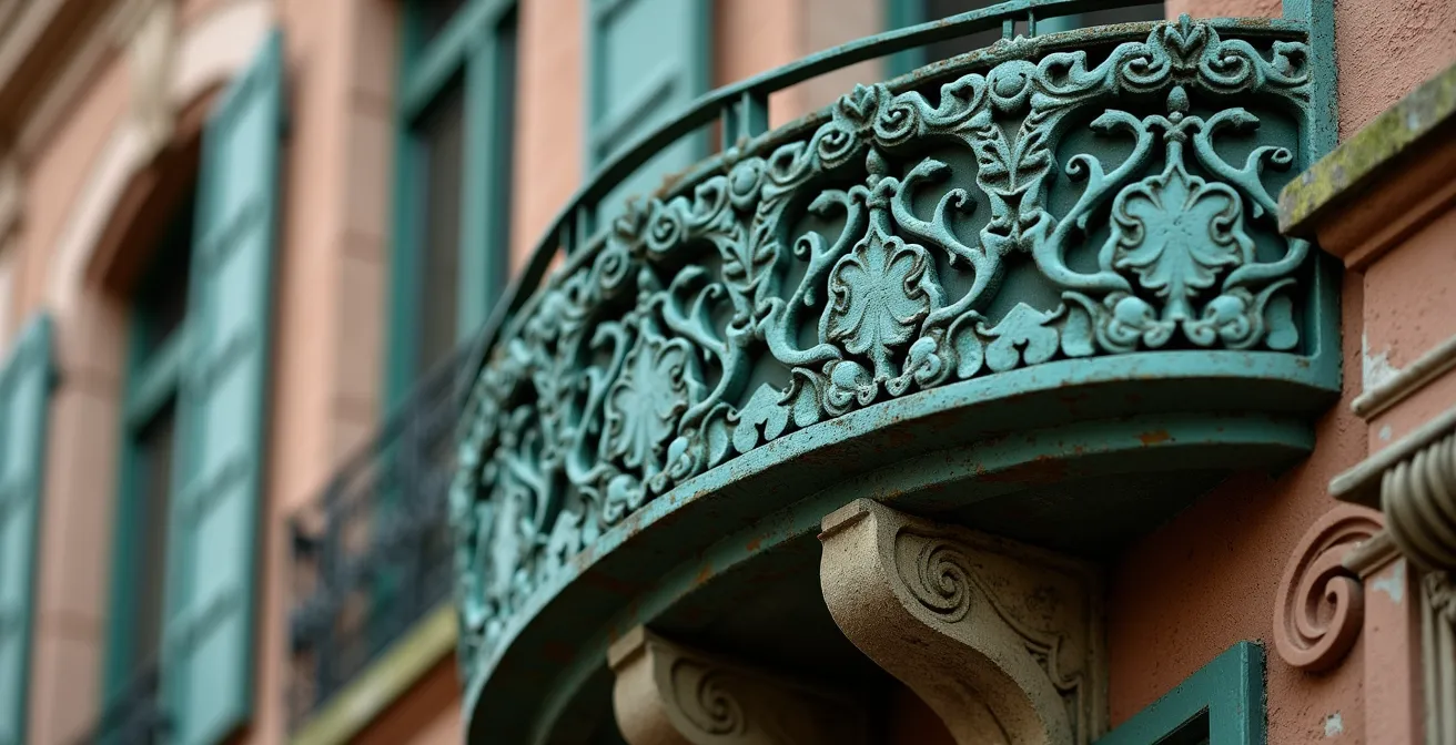 Close-up van Art Nouveau sgraffiti details op een vergeten gevel in Schaarbeek