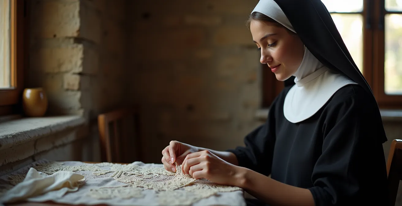 Portret van vrouw in historische begijnenkledij werkend aan kantklossen