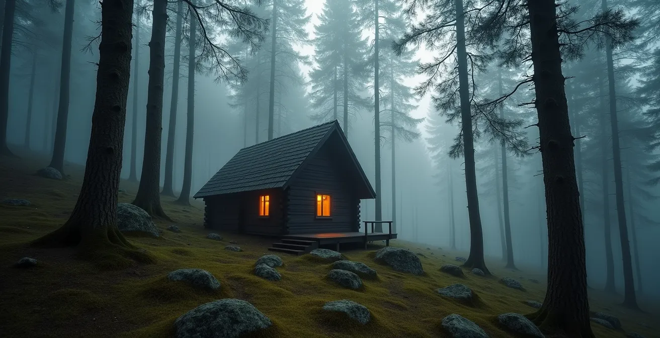 Houten chalet verscholen tussen dennenbomen in mistig Ardens bos