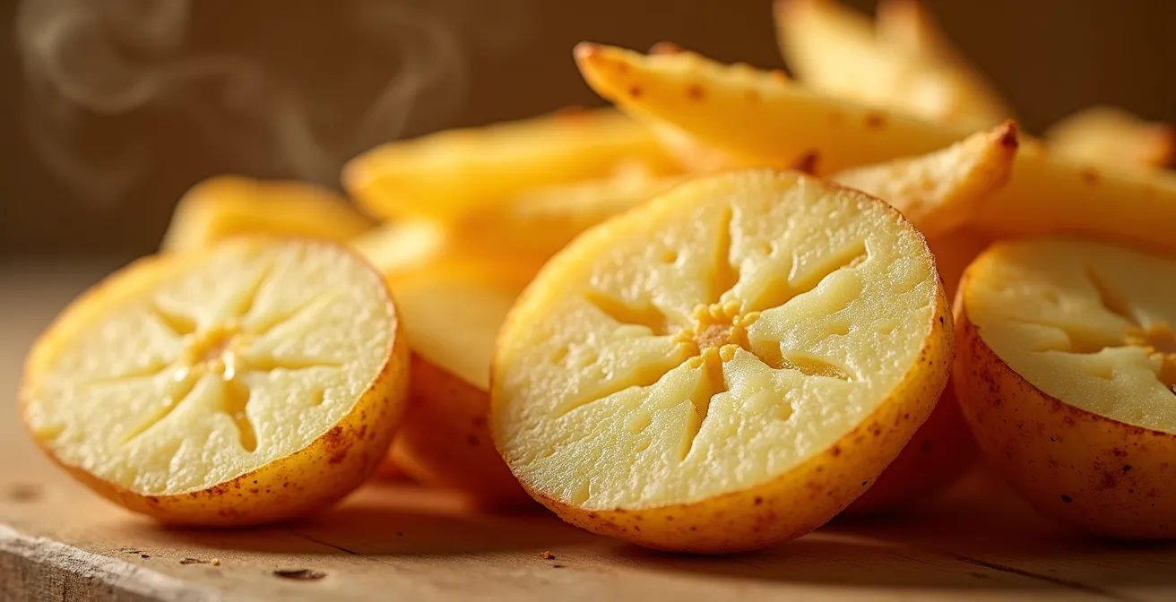 Close-up van verschillende aardappelsoorten en bereidingsmethoden zoals frieten en puree