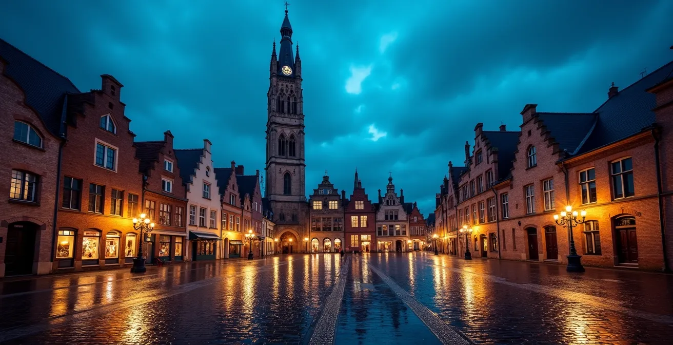 Grote Markt van Brugge tijdens het blauwe uur met natte kasseien die de verlichting reflecteren