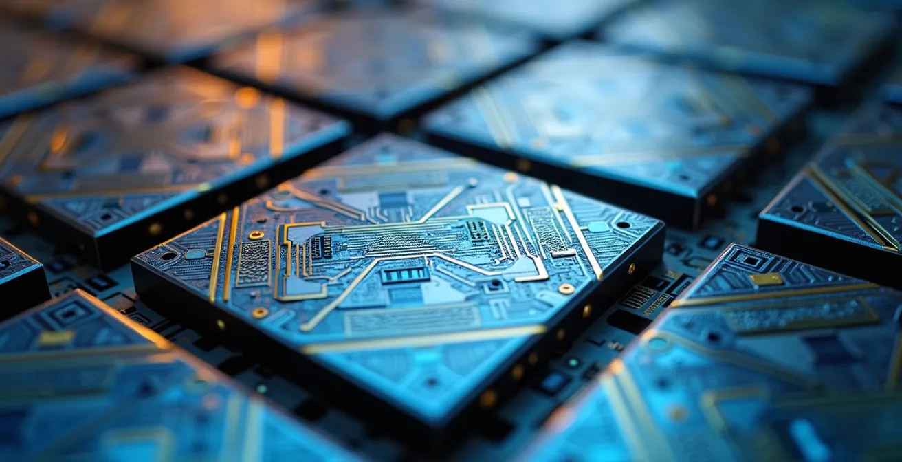 Macro-opname van geavanceerde halfgeleider structuren met Europese technologische soevereiniteit symboliek