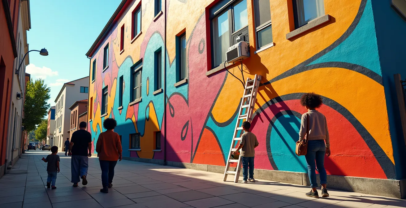 Kleurrijke muurschildering van The Crystal Ship in een Oostendse woonwijk