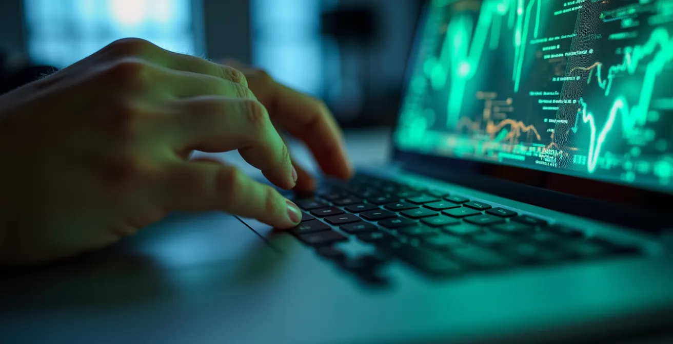 Close-up van handen die financiële data analyseren op laptop met abstracte grafieken