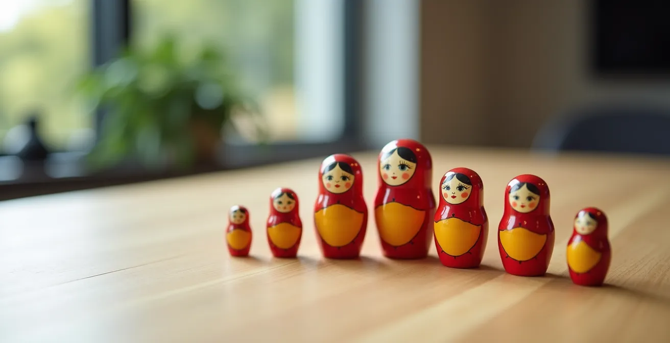 Visualisatie van gestapelde kosten in dakfondsen, voorgesteld door in elkaar passende poppetjes.