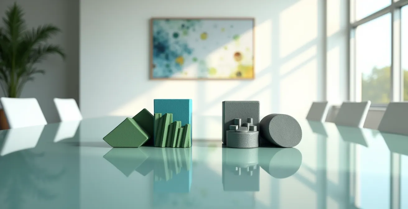 Abstracte visualisatie van twee verschillende investeringsbenaderingen met groene en grijze elementen