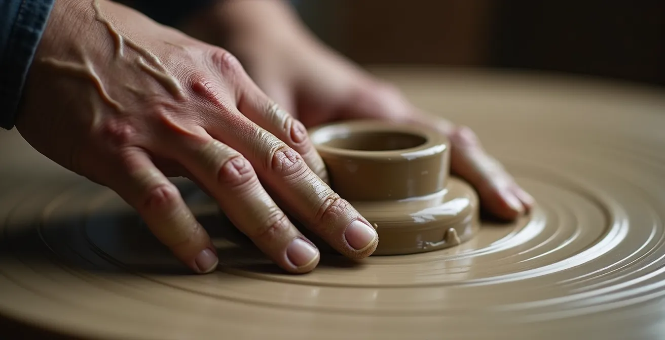 Close-up van handen die klei vormen op pottenbakkersschijf