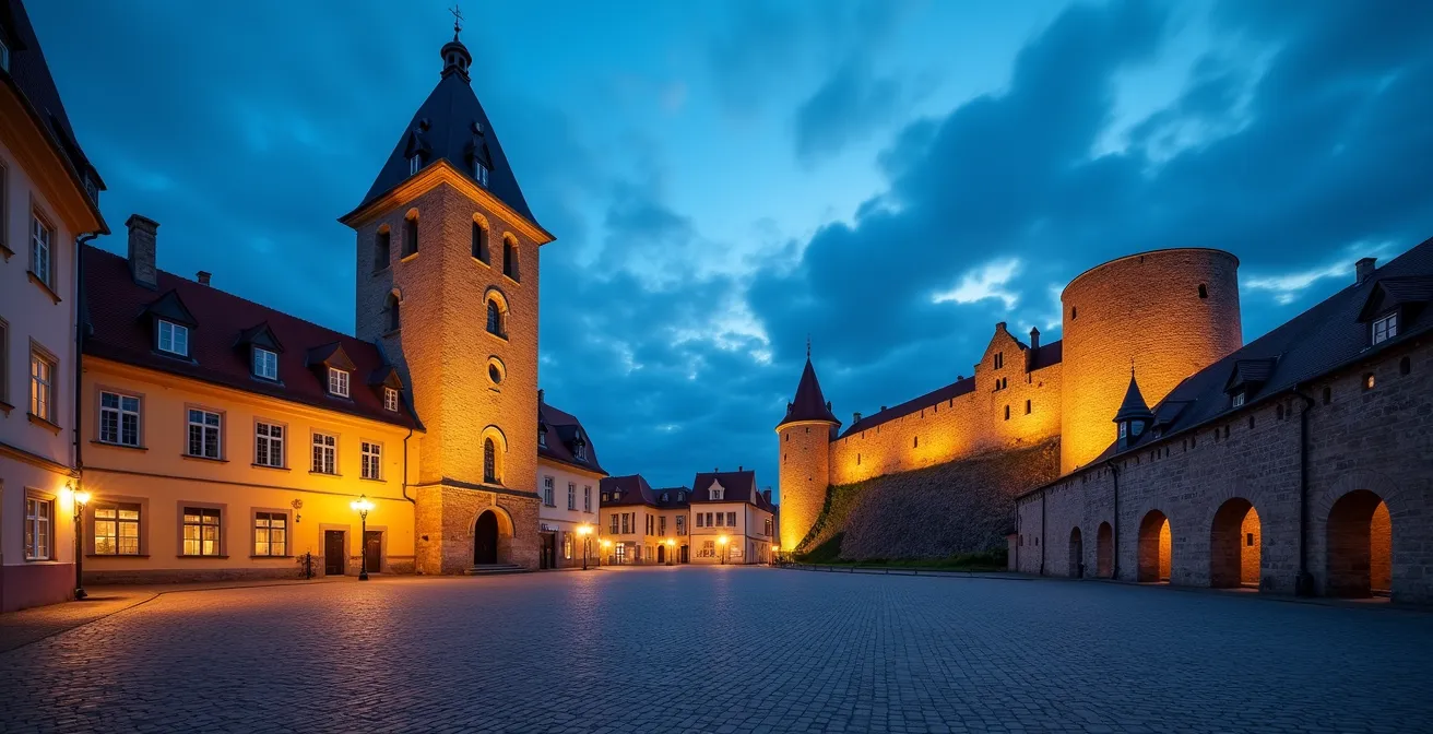Architecturaal contrast tussen belfort en kasteel in Gent