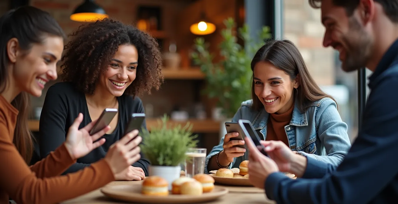 Groep mensen fotografeert producten met smartphones in gezellige Belgische café setting