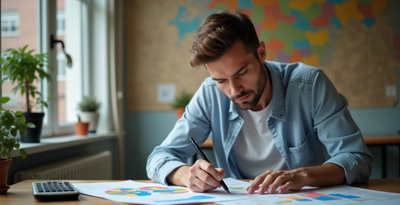 Ondernemer analyseert klantdata met lokale kaart en grafieken op bureau