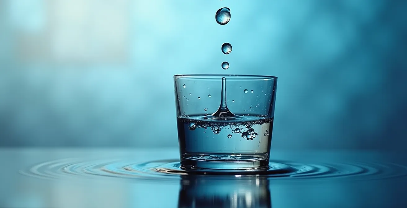 Visualisatie van Dollar Cost Averaging (DCA) met waterdruppels die gestaag een glas vullen, symbool voor geleidelijke vermogensopbouw.