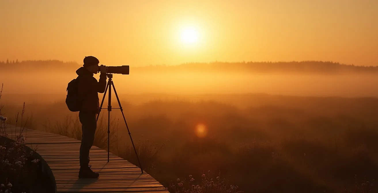 Fotograaf met telelens fotografeert vanaf vlonderpad tijdens mistige zonsopgang