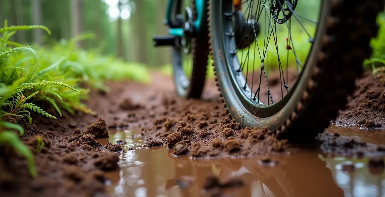 Mountainbiker op toegestaan bospad met modderige ondergrond tussen varens